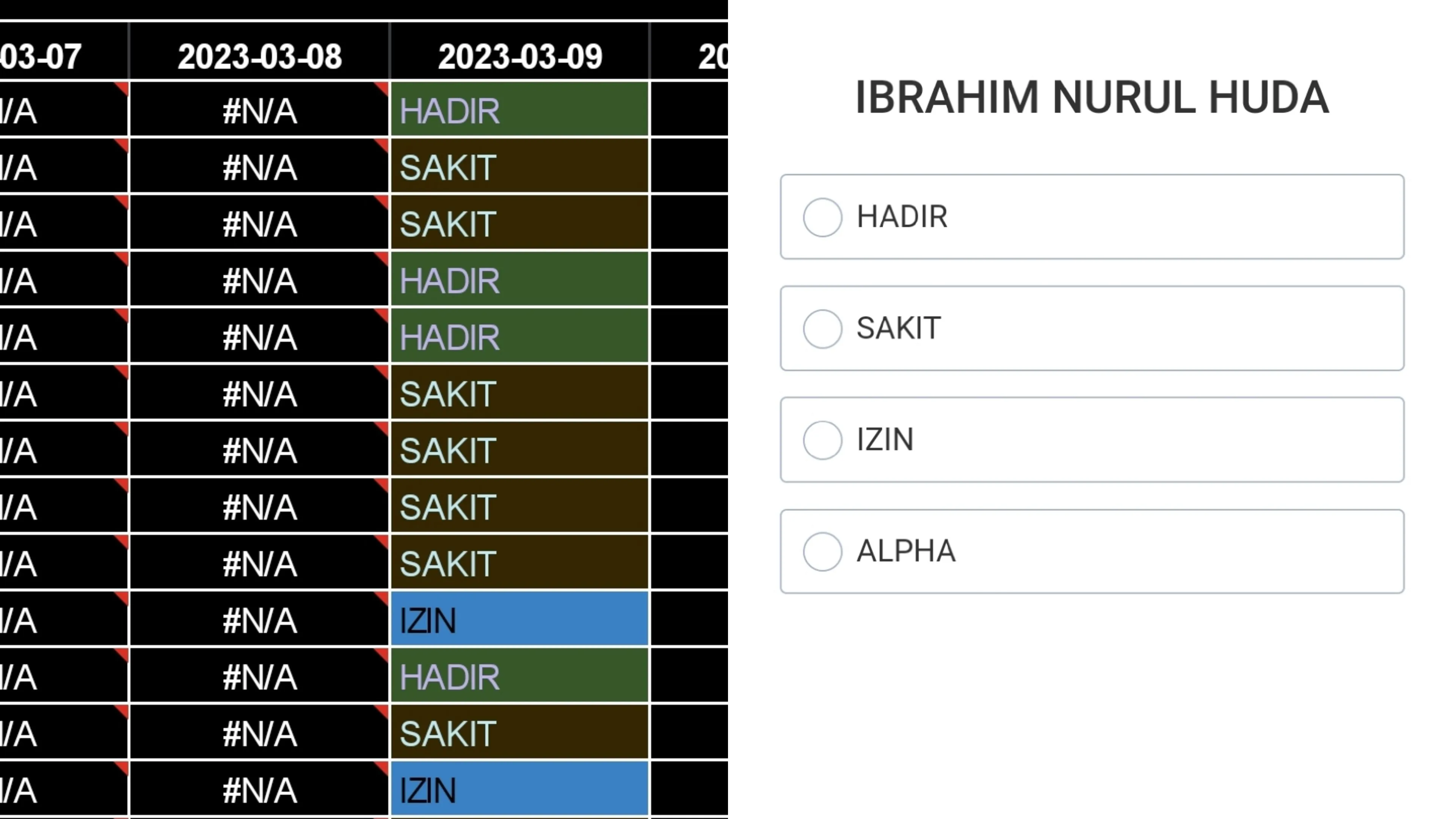 Tangkapan layar form dan spreadsheet otomatis